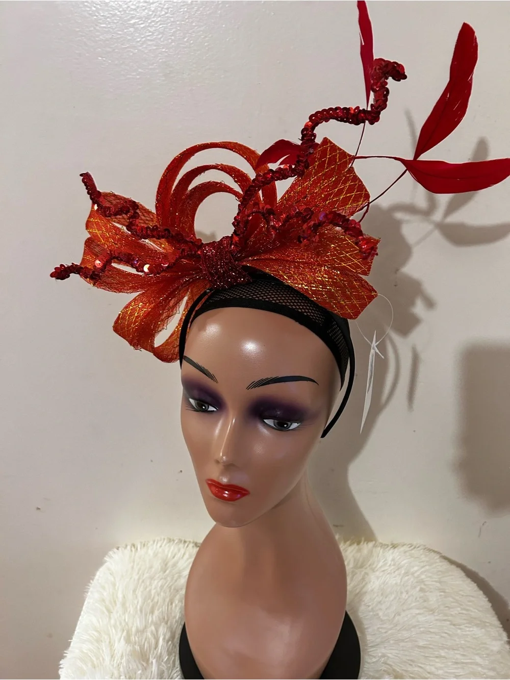 Red Feather and Mesh Fascinator Headpiece